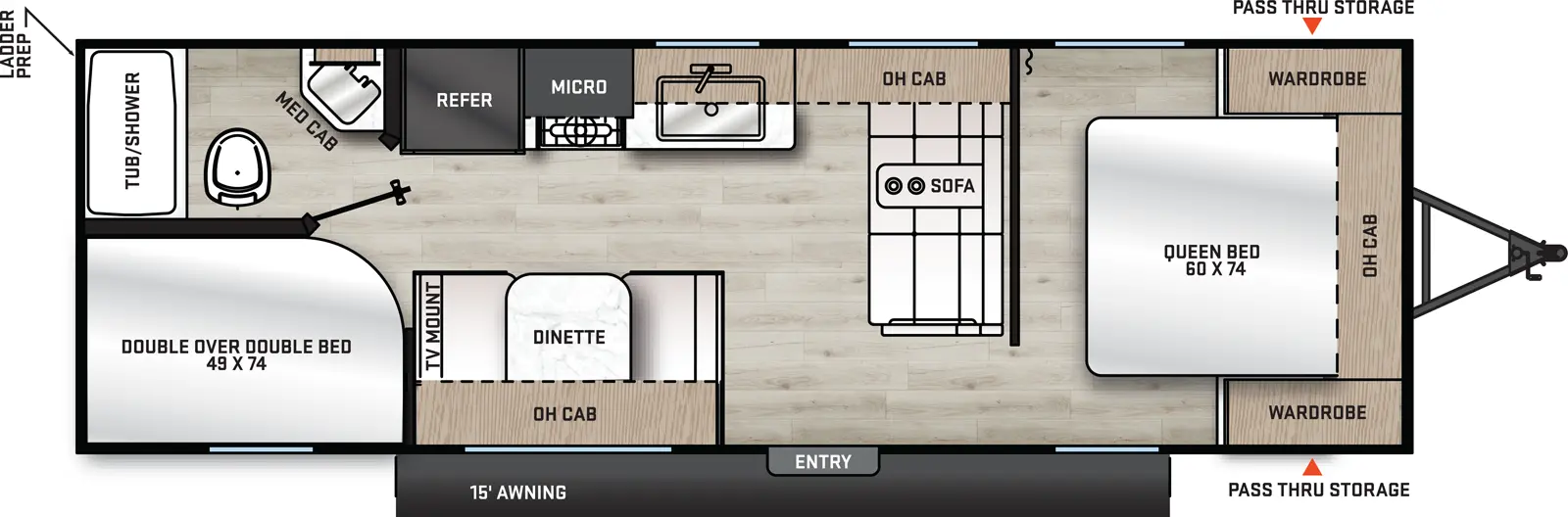 The Aurora 26BH floorplan has one entry and zero slide outs. Exterior features include: metal exterior and 15' awning. Interiors features include: bunk beds and front bedroom.